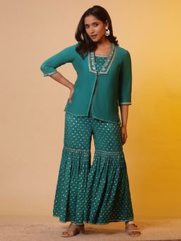 Aurelia - Women Green Embroidered Embellished Viscose Top with Sharara and Shrug (Set of 3)