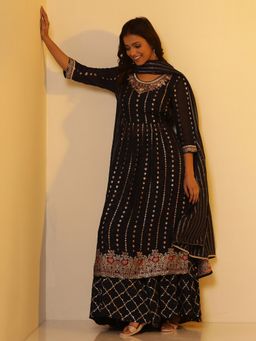 Aurelia - Women Navy Blue Embroidered Embellished Kurta with Palazzo & Dupatta (Set of 3)