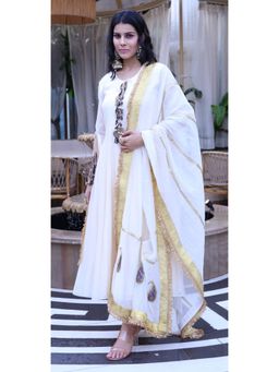 Doree By Rinkie - Women Chwitheri White Embellished Anarkali Kurta with Pant and Dupatta