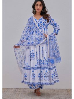 Tara-C-Tara - White Hand Block Printed Anarkali with Pant and Dupatta