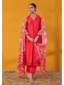 Tara-C-Tara - Red Hand Block Printed Chanderi Kurta and Salwar with Dupatta