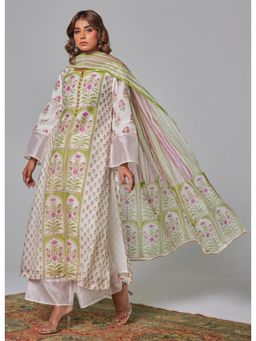 Tara-C-Tara - Hand Block Printed Off-White Chanderi Kurta and Salwar with Dupatta