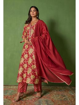 Tara-C-Tara - Red Hand Block Printed Kurta with Pant and Dupatta