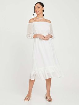Styli - White 3/4 Sleeves Off Shoulder Dobby Spot A-line Midi Dress