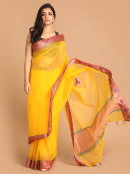 Indethnic - Banarasi Yellow Solid Party Wear Saree With Unstitched Blouse