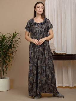 Sweet Dreams - Navy Blue Printed Full Length Nighty