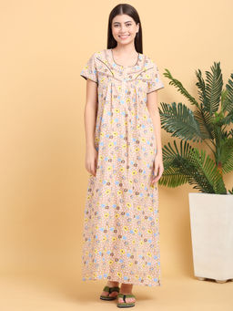 Sweet Dreams - Beige Floral Print Full Length Nighty