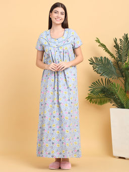 Sweet Dreams - Blue Floral Print Full Length Nighty