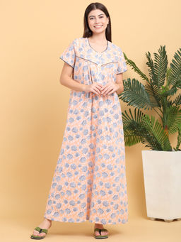 Sweet Dreams - Peach Floral Print Full Length Nighty