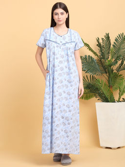 Sweet Dreams - Blue Floral Print Full Length Nighty