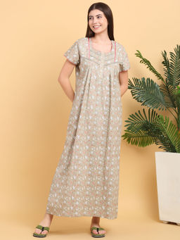 Sweet Dreams - Green Floral Print Full Length Nighty