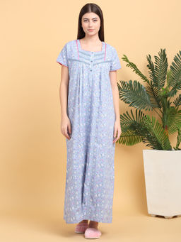 Sweet Dreams - Blue Floral Print Full Length Nighty