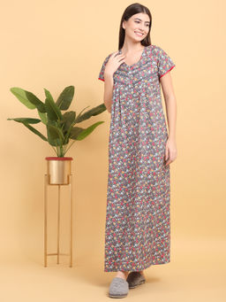 Sweet Dreams - Grey Floral Print Full Length Nighty
