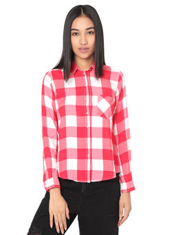 Spykar - Womens Regular Fit Checked Peach Shirts