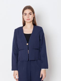Zink London - Womens Navy Blue Solid Fitted Blazer
