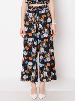 Zink London - Womens Black Floral Print Regular Fit Trouser