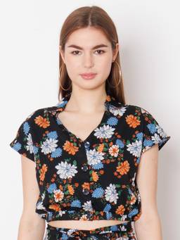 Zink London - Womens Black Floral Print Regular Fit Top