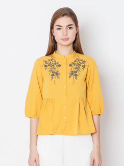 Zink London - Womens Yellow Embellished Regular Fit Top