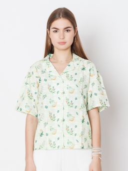 Zink London - Womens Green Printed Regular Fit Shirt