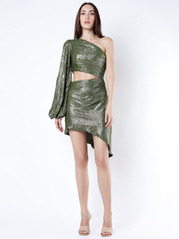 Deme - A Sky Full Of Stars - Olive Green One Shoulder Short Sequins Dress