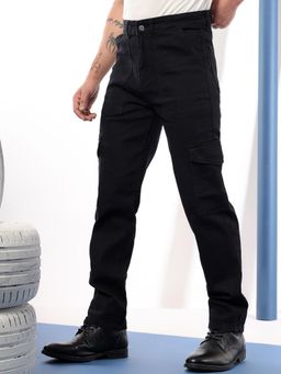 KOTTY - Men Black Solid Regular Fit Stretchable Cargo Pocket Jeans
