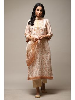 Biba - Beige Cotton Unstitched Suit (Set of 3)
