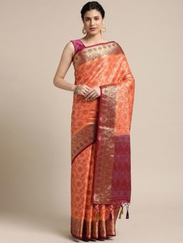 Mimosa - Women's Kanjivaram Art Silk Orange Saree with Unstitched Blouse