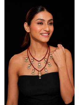 VIVINIA By Vidhi Mehra - Red Beaded & Semi-Precious Stones Temple Necklace
