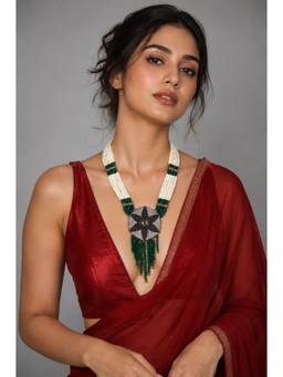 VIVINIA By Vidhi Mehra - White & Green Semi-Precious Stone Beaded Necklace