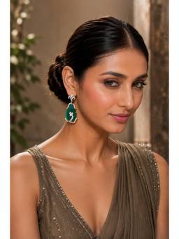 VIVINIA By Vidhi Mehra - White Finish Emerald Green Stone Statement Earrings