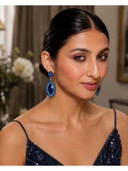 VIVINIA By Vidhi Mehra - Black Rhodium Finish Blue Stone Dangler Earrings