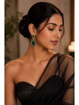 VIVINIA By Vidhi Mehra - Black Rhodium Finish Green Stone Dangler Earrings