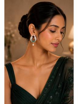 VIVINIA By Vidhi Mehra - White Finish Green Stone Dangler Earrings