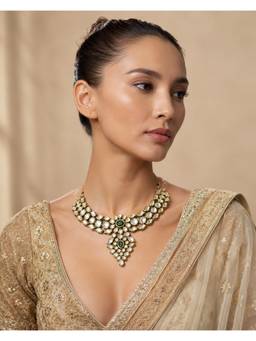 VIVINIA By Vidhi Mehra - Gold Finish Kundan Polka & Green Beaded Handcrafted Choker Jewellery Set
