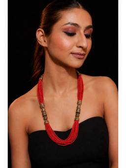 VIVINIA By Vidhi Mehra - Gold Finish Red Crystal & Gold Beaded Necklace