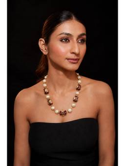 VIVINIA By Vidhi Mehra - Gold Finish Pearl & Blue Jade Beaded Necklace