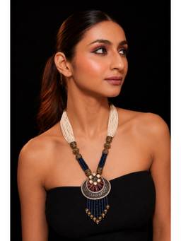 VIVINIA By Vidhi Mehra - Gold Finish Pearl Handcrafted Enamel Long Necklace