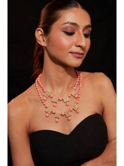 VIVINIA By Vidhi Mehra - Gold Finish Pearl & Coral Beaded Handcrafted Necklace