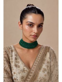 VIVINIA By Vidhi Mehra - White Finish Green Beaded Layered Choker Necklace