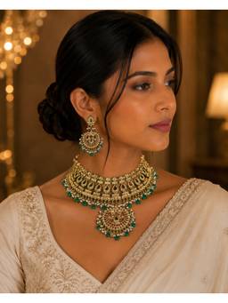 VIVINIA By Vidhi Mehra - Gold Finish Kundan Polka & Green Drop Jewellery Set