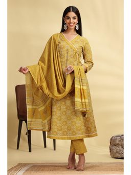 Cotton Culture - Yellow Printed Jaipuri A Line Angarkha Kurta with Pant and Dupatta