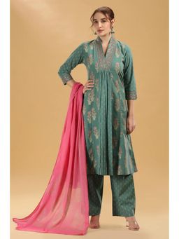 Cotton Culture - Green Embroidered Jaipuri A Line Kurta with Pant and Dupatta