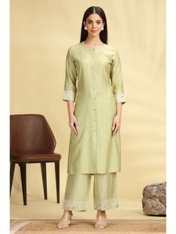 Cotton Culture - Pista Green Poly Silk Embroidered Straight Kurta with Pant