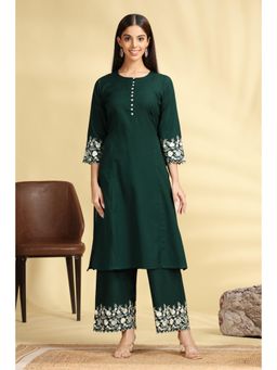 Cotton Culture - Bottle Green Embroidered Flex Straight Kurta with Pant