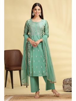 Cotton Culture - Mint Green Embroidered Chanderi A Line Kurta with Pant and Dupatta