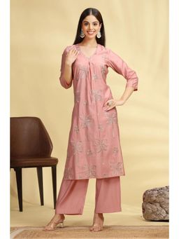 Cotton Culture - Pink Embroidered Roman Silk Straight Kurta with Pant