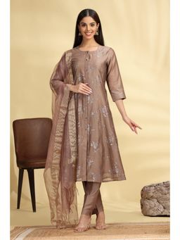 Cotton Culture - Brown Embroidered Chanderi A Line Kurta with Pant and Dupatta