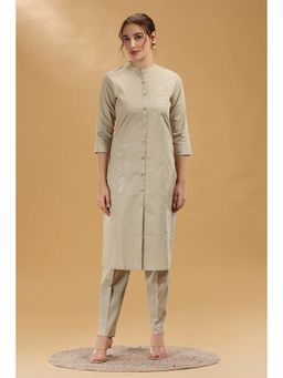 Cotton Culture - Beige Embroidered Flax A Line Kurta with Pant