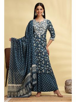 Cotton Culture - Dark Blue Embroidered Jaipuri Straight Kurta with Palazzo and Dupatta