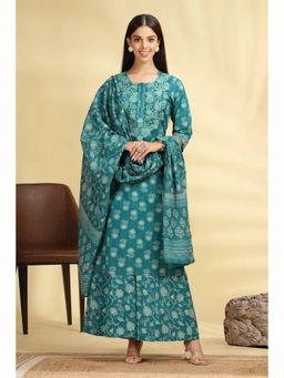 Cotton Culture - Teal Embroidered Jaipuri Straight Kurta with Palazzo and Dupatta